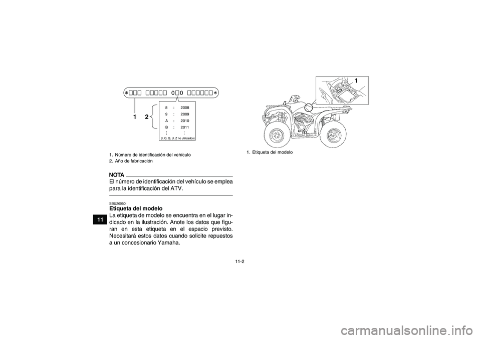 YAMAHA GRIZZLY 250 2011  Manuale de Empleo (in Spanish) 11-2
11
NOTAEl número de identificación del vehículo se emplea
para la identificación del ATV.SBU26050Etiqueta del modelo 
La etiqueta de modelo se encuentra en el lugar in-
dicado en la ilustraci