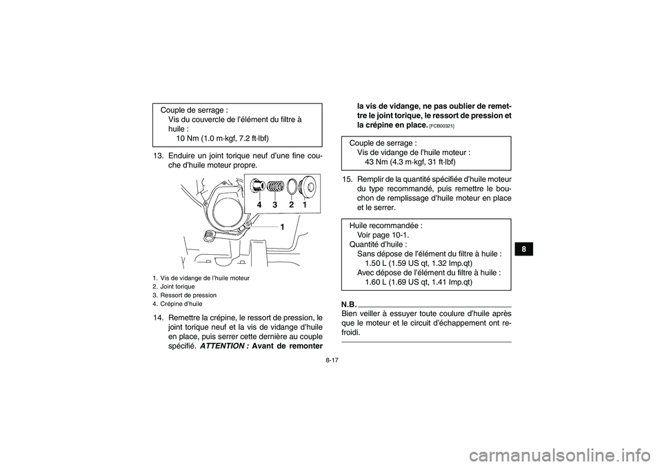 YAMAHA GRIZZLY 250 2011 Notices Demploi (in French) 8-17
8 13. Enduire un joint torique neuf d’une fine cou-
che d’huile moteur propre.
14. Remettre la crépine, le ressort de pression, le
joint torique neuf et la vis de vidange d’huile
en place, YAMAHA GRIZZLY 250 2011 Notices Demploi (in French) 8-17
8 13. Enduire un joint torique neuf d’une fine cou-
che d’huile moteur propre.
14. Remettre la crépine, le ressort de pression, le
joint torique neuf et la vis de vidange d’huile
en place,