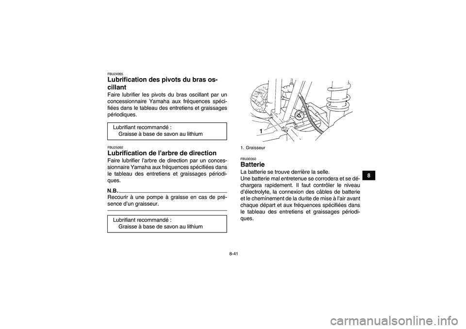 YAMAHA GRIZZLY 250 2011 Notices Demploi (in French) 8-41
8
FBU24995Lubrification des pivots du bras os-
cillant Faire lubrifier les pivots du bras oscillant par un
concessionnaire Yamaha aux fréquences spéci-
fiées dans le tableau des entretiens et YAMAHA GRIZZLY 250 2011 Notices Demploi (in French) 8-41
8
FBU24995Lubrification des pivots du bras os-
cillant Faire lubrifier les pivots du bras oscillant par un
concessionnaire Yamaha aux fréquences spéci-
fiées dans le tableau des entretiens et