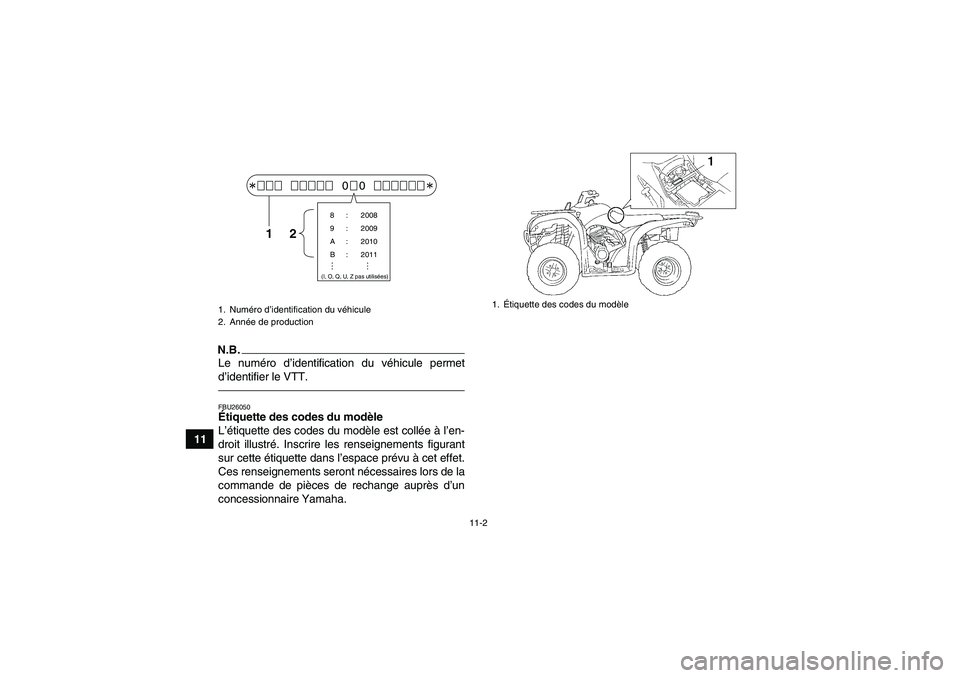 YAMAHA GRIZZLY 250 2011  Notices Demploi (in French) 11-2
11
N.B.Le numéro d’identification du véhicule permet
d’identifier le VTT.FBU26050Étiquette des codes du modèle 
L’étiquette des codes du modèle est collée à l’en-
droit illustré.