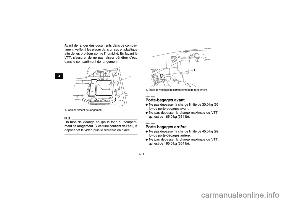 YAMAHA GRIZZLY 250 2011  Notices Demploi (in French) 4-14
4Avant de ranger des documents dans ce compar-
timent, veiller à les placer dans un sac en plastique
afin de les protéger contre l’humidité. En lavant le
VTT, s’assurer de ne pas laisser p