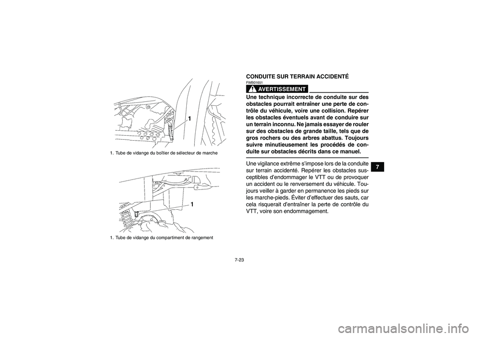 YAMAHA GRIZZLY 250 2011 Notices Demploi (in French) 7-23
7 CONDUITE SUR TERRAIN ACCIDENTÉ
AVERTISSEMENT
FWB01651Une technique incorrecte de conduite sur des
obstacles pourrait entraîner une perte de con-
trôle du véhicule, voire une collision. Rep YAMAHA GRIZZLY 250 2011 Notices Demploi (in French) 7-23
7 CONDUITE SUR TERRAIN ACCIDENTÉ
AVERTISSEMENT
FWB01651Une technique incorrecte de conduite sur des
obstacles pourrait entraîner une perte de con-
trôle du véhicule, voire une collision. Rep