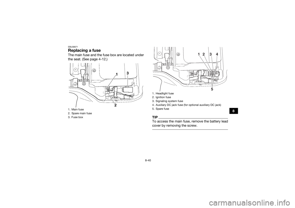 YAMAHA GRIZZLY 350 2017  Owners Manual 8-40
8
EBU30671Replacing a fuseThe main fuse and the fuse box are located under
the seat. (See page 4-12.)
TIPTo access the main fuse, remove the battery lead
cover by removing the screw. 
1. Main fus