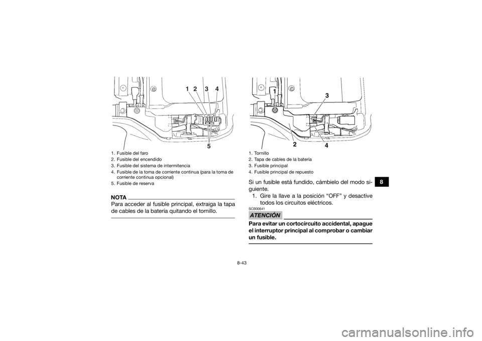 YAMAHA GRIZZLY 350 2016  Manuale de Empleo (in Spanish) 8-43
8
NOTAPara acceder al fusible principal, extraiga la tapa
de cables de la batería quitando el tornillo. 
Si un fusible está fundido, cámbielo del modo si-
guiente.1. Gire la llave a la posici