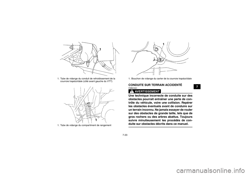 YAMAHA GRIZZLY 350 2014  Notices Demploi (in French) 7-23
7
CONDUITE SUR TERRAIN ACCIDENTÉ
AVERTISSEMENT
FWB01651Une technique incorrecte de conduite sur des
obstacles pourrait entraîner une perte de con-
trôle du véhicule, voire une collision. Rep