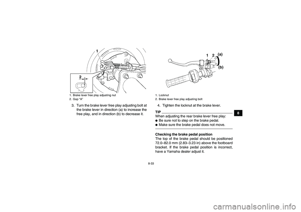 YAMAHA GRIZZLY 350 2010  Owners Manual 8-33
8 3. Turn the brake lever free play adjusting bolt at
the brake lever in direction (a) to increase the
free play, and in direction (b) to decrease it.4. Tighten the locknut at the brake lever.
TI