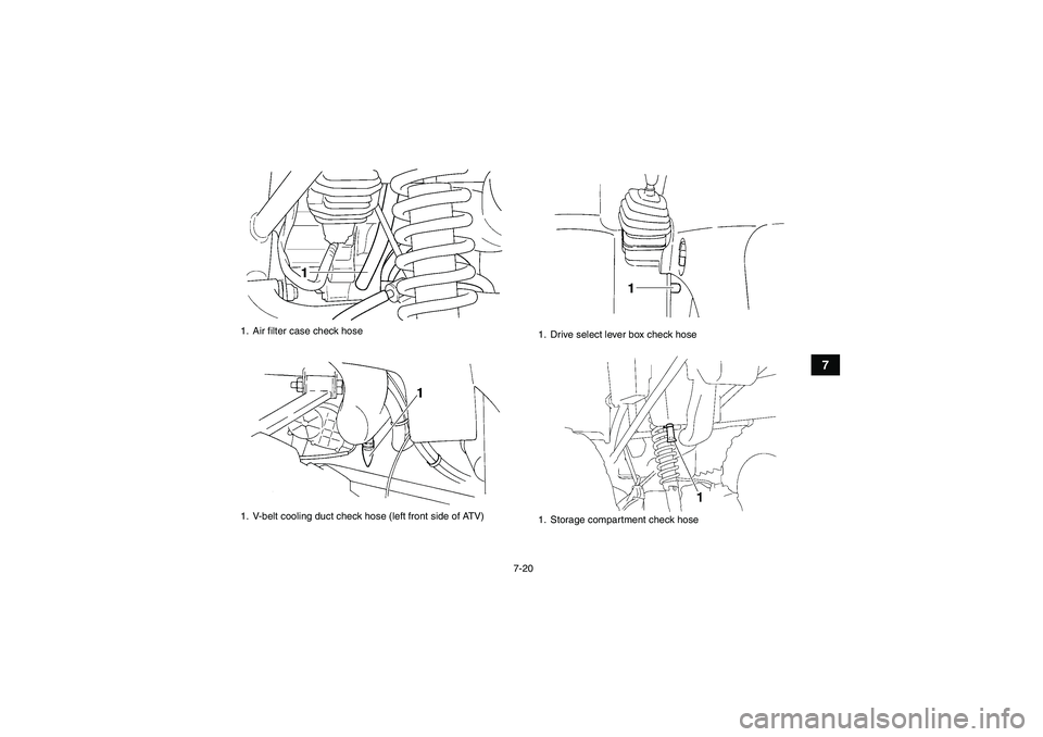 YAMAHA GRIZZLY 350 2010  Owners Manual 7-20
7
1. Air filter case check hose
1. V-belt cooling duct check hose (left front side of ATV)
1. Drive select lever box check hose
1. Storage compartment check hose
U1AB60E0.book  Page 20  Wednesday