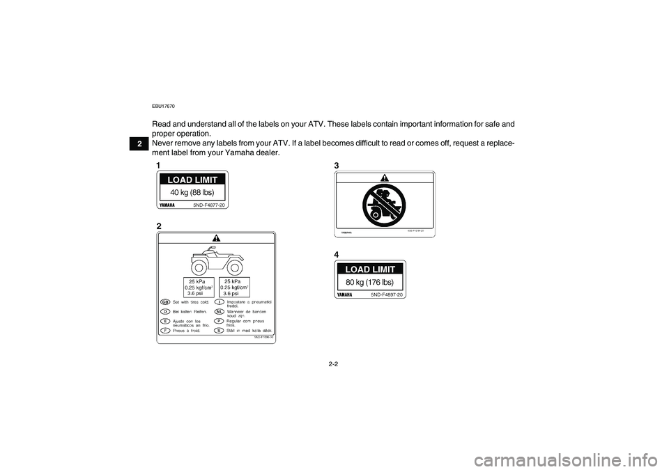 YAMAHA GRIZZLY 350 2009  Owners Manual 2-2
2
EBU17670Read and understand all of the labels on your ATV. These labels contain important information for safe and
proper operation.
Never remove any labels from your ATV. If a label becomes dif