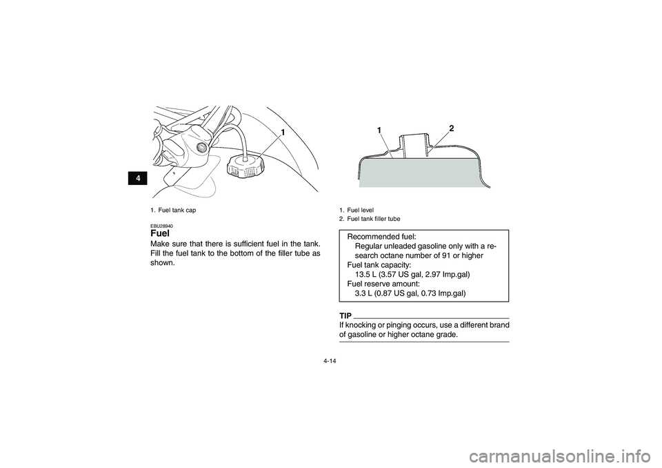 YAMAHA GRIZZLY 350 2009  Owners Manual 4-14
4
EBU28940Fuel Make sure that there is sufficient fuel in the tank.
Fill the fuel tank to the bottom of the filler tube as
shown.
TIPIf knocking or pinging occurs, use a different brandof gasolin