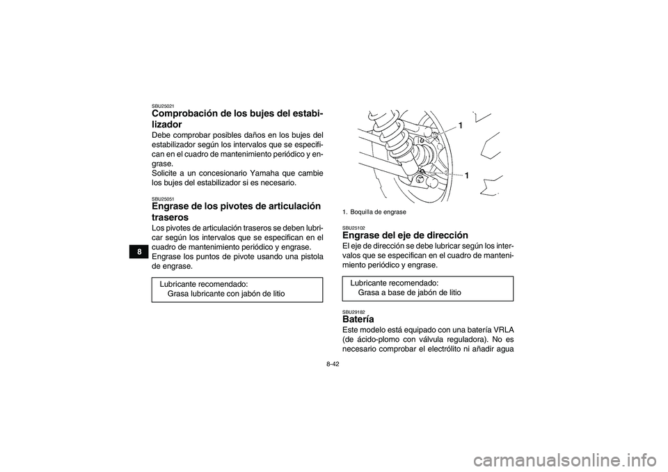 YAMAHA GRIZZLY 350 2009 Manuale de Empleo (in Spanish) 8-42
8
SBU25021Comprobación de los bujes del estabi-
lizador Debe comprobar posibles daños en los bujes del
estabilizador según los intervalos que se especifi-
can en el cuadro de mantenimiento per YAMAHA GRIZZLY 350 2009 Manuale de Empleo (in Spanish) 8-42
8
SBU25021Comprobación de los bujes del estabi-
lizador Debe comprobar posibles daños en los bujes del
estabilizador según los intervalos que se especifi-
can en el cuadro de mantenimiento per