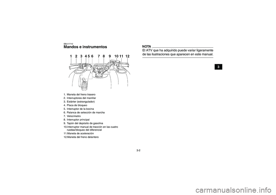 YAMAHA GRIZZLY 350 2009  Manuale de Empleo (in Spanish) 3-2
3
SBU17712Mandos e instrumentos
NOTAEl ATV que ha adquirido puede variar ligeramentede las ilustraciones que aparecen en este manual.
1. Maneta del freno trasero
2. Interruptores del manillar
3. E
