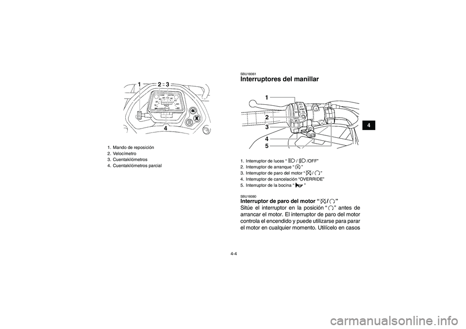 YAMAHA GRIZZLY 350 2009  Manuale de Empleo (in Spanish) 4-4
4
SBU18061Interruptores del manillar SBU18080Interruptor de paro del motor“/” 
Sitúe el interruptor en la posición“” antes de
arrancar el motor. El interruptor de paro del motor
controla