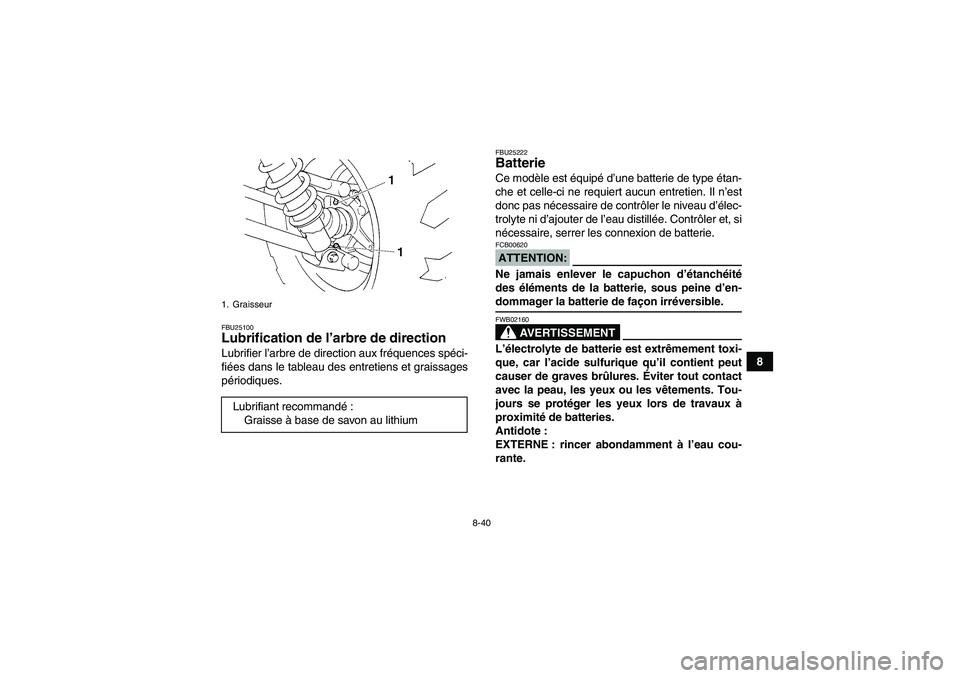YAMAHA GRIZZLY 350 2007  Notices Demploi (in French) 8-40
8
FBU25100Lubrification de l’arbre de direction Lubrifier l’arbre de direction aux fréquences spéci-
fiées dans le tableau des entretiens et graissages
périodiques.
FBU25222Batterie Ce mo