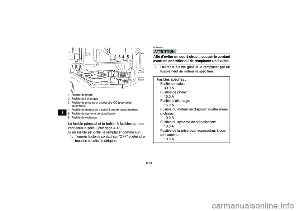 YAMAHA GRIZZLY 350 2007  Notices Demploi (in French) 8-43
8
Le fusible principal et le boîtier à fusibles se trou-
vent sous la selle. (Voir page 4-18.)
Si un fusible est grillé, le remplacer comme suit.
1. Tourner la clé de contact sur “OFF” et