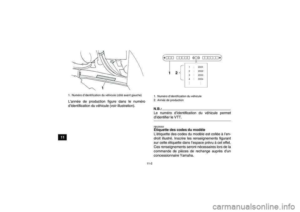 YAMAHA GRIZZLY 350 2007  Notices Demploi (in French) 11-2
11L’année de production figure dans le numéro
d’identification du véhicule (voir illustration).
N.B.:Le numéro d’identification du véhicule permetd’identifier le VTT.FBU26050Étiquet