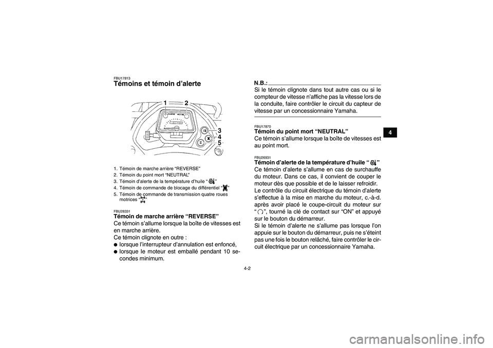 YAMAHA GRIZZLY 350 2007  Notices Demploi (in French) 4-2
4
FBU17813Témoins et témoin d’alerte FBU28331Témoin de marche arrière “REVERSE” 
Ce témoin s’allume lorsque la boîte de vitesses est
en marche arrière.
Ce témoin clignote en outre 