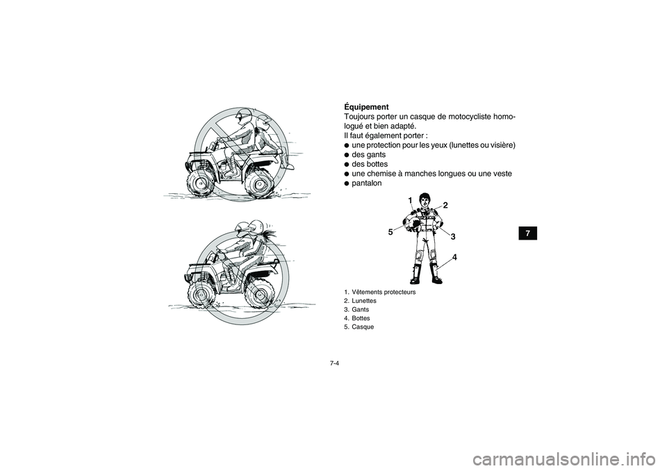 YAMAHA GRIZZLY 350 2007  Notices Demploi (in French) 7-4
7 Équipement
Toujours porter un casque de motocycliste homo-
logué et bien adapté.
Il faut également porter :
une protection pour les yeux (lunettes ou visière)des gantsdes bottesune chem