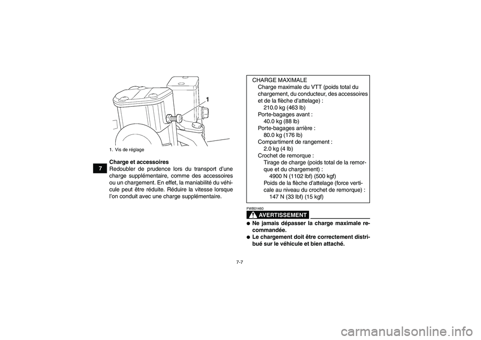 YAMAHA GRIZZLY 350 2007  Notices Demploi (in French) 7-7
7Charge et accessoires
Redoubler de prudence lors du transport d’une
charge supplémentaire, comme des accessoires
ou un chargement. En effet, la maniabilité du véhi-
cule peut être réduite.
