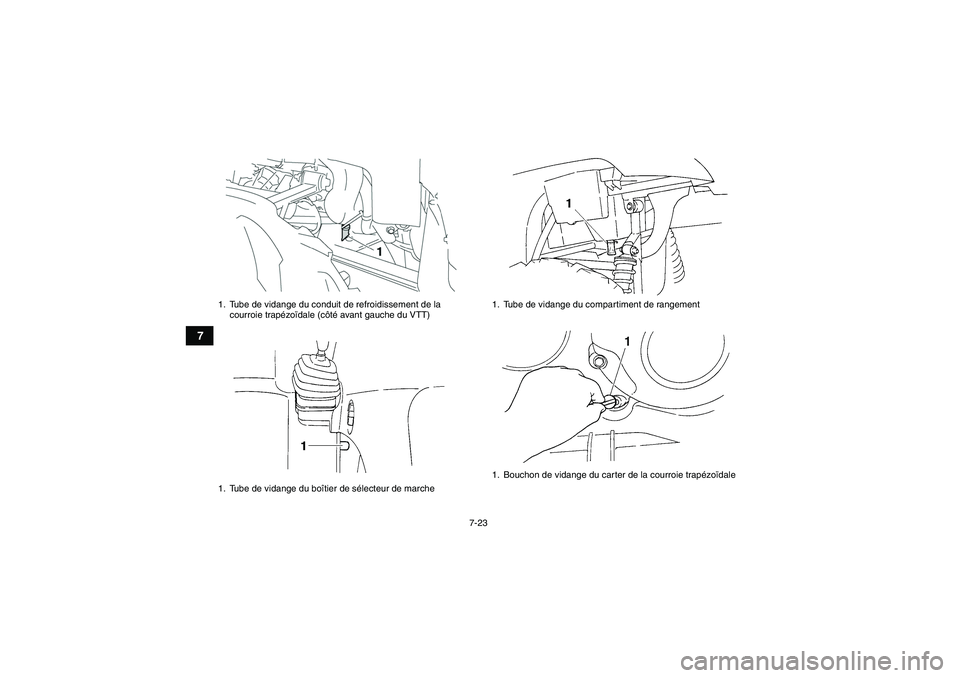 YAMAHA GRIZZLY 350 2007  Notices Demploi (in French) 7-23
7
1. Tube de vidange du conduit de refroidissement de la 
courroie trapézoïdale (côté avant gauche du VTT)
1. Tube de vidange du boîtier de sélecteur de marche
1. Tube de vidange du compart