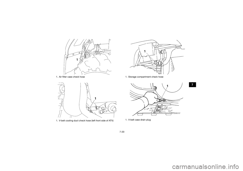 YAMAHA GRIZZLY 450 2015  Owners Manual 7-20
7
1. Air filter case check hose
1. V-belt cooling duct check hose (left front side of ATV)
1. Storage compartment check hose
1. V-belt case drain plug
U2LC61E0.book  Page 20  Wednesday, February 