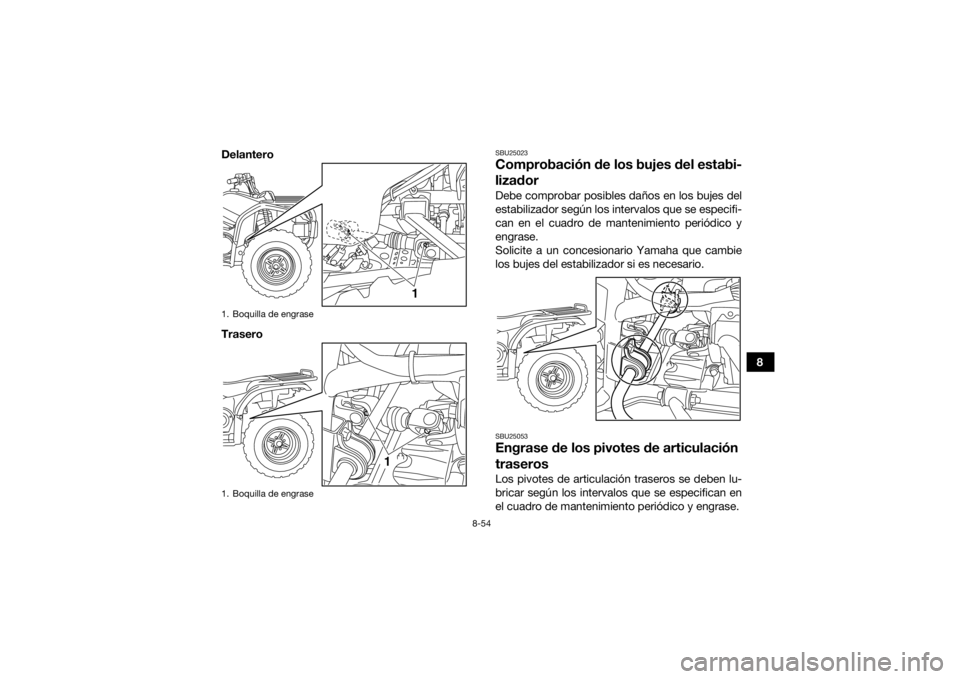 YAMAHA GRIZZLY 450 2015  Manuale de Empleo (in Spanish) 8-54
8
Delantero
Trasero
SBU25023Comprobación de los 
bujes del estabi-
lizadorDebe comprobar posibles daños en los bujes del
estabilizador según los intervalos que se especifi-
can en el cuadro de