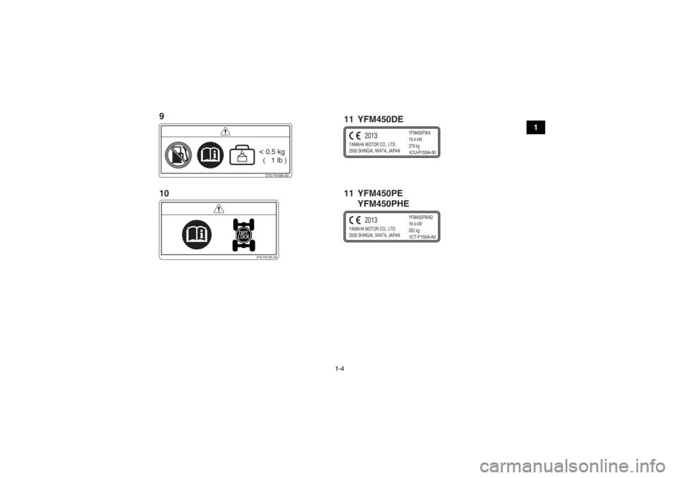 YAMAHA GRIZZLY 450 2014  Manuale de Empleo (in Spanish) 1-4
1
37S-F816N-00< 0.5 kg
  (   1 lb )
37S-F816S-00
YAMAHA MOTOR CO., LTD.
2500 SHINGAI, IWATA, JAPAN YFM450FWAD
19.4 kW
282 kg
2013
1CT-F155A-A0
YAMAHA MOTOR CO., LTD.
2500 SHINGAI, IWATA, JAPANYFM4
