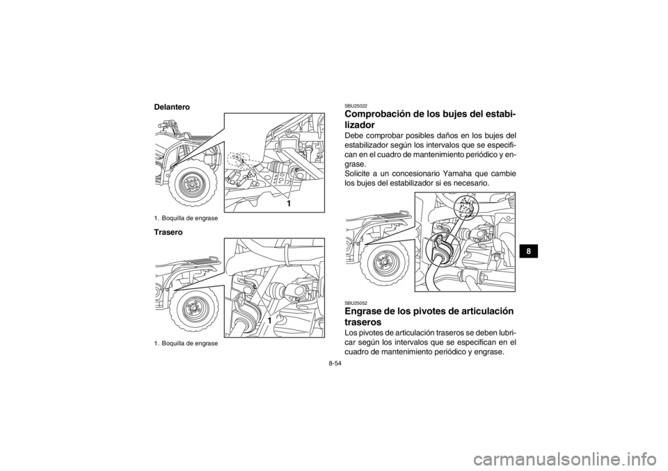 YAMAHA GRIZZLY 450 2014  Manuale de Empleo (in Spanish) 8-54
8
Delantero
Trasero
SBU25022Comprobación de lo
s bujes del estabi-
lizador Debe comprobar posibles daños en los bujes del
estabilizador según los intervalos que se especifi-
can en el cuadro d