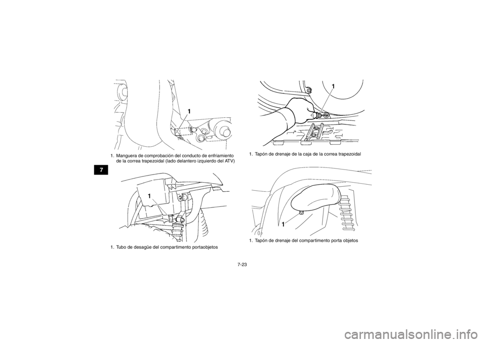 YAMAHA GRIZZLY 450 2014  Manuale de Empleo (in Spanish) 7-23
7
1. Manguera de comprobación del conducto de enfriamiento de la correa trapezoidal (lado delantero izquierdo del ATV)
1. Tubo de desagüe del compartimento portaobjetos
1. Tapón de drenaje de 