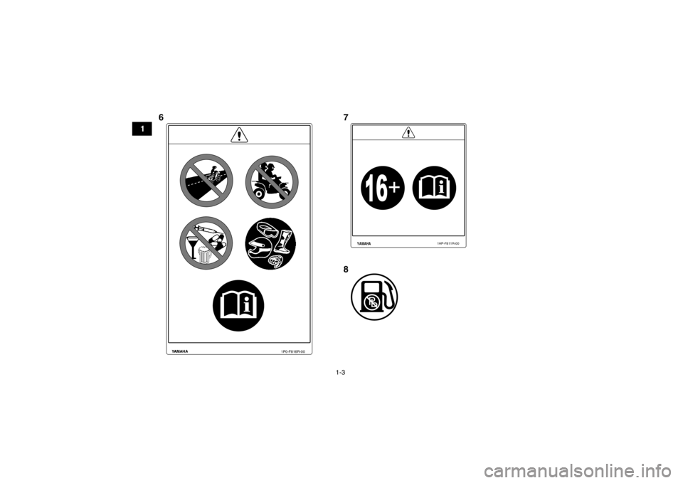 YAMAHA GRIZZLY 450 2013  Owners Manual 1-3
1
1P0-F816R-00
YAMAHA
1HP-F811R-00
678U1CT62E0.book  Page 3  Friday, May 11, 2012  9:03 AM 
