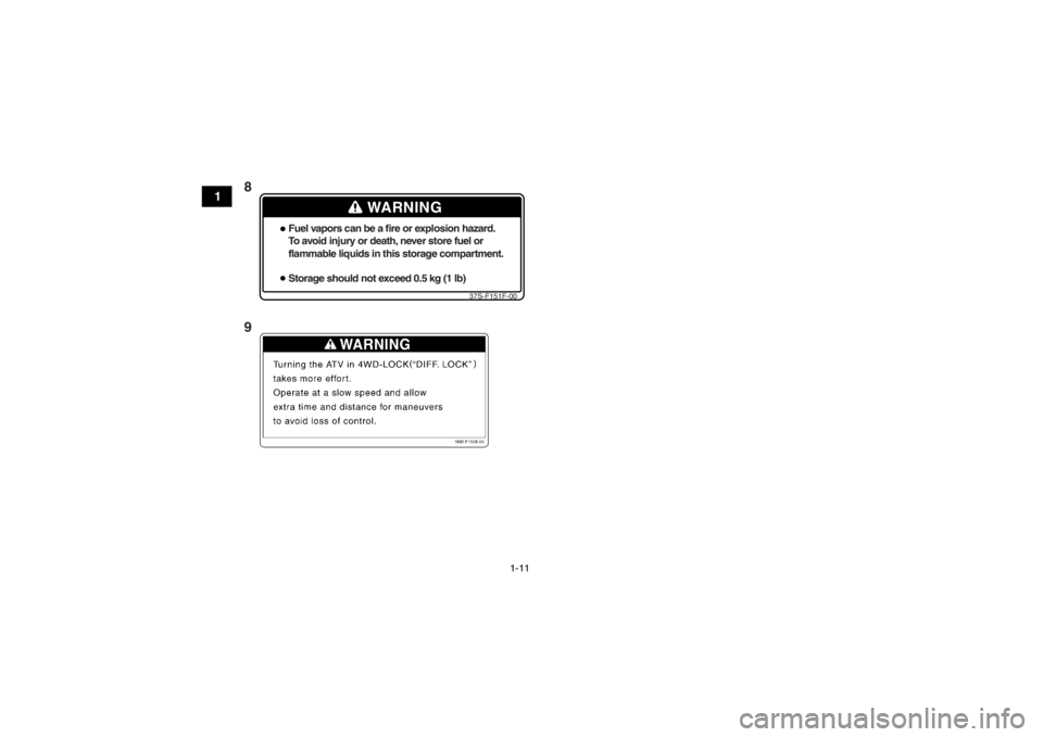YAMAHA GRIZZLY 450 2013  Owners Manual 1-11
1
WARNING
Fuel vapors can be a fire or explosion hazard.
To avoid injury or death, never store fuel or
flammable liquids in this storage compartment.
Storage should not exceed 0.5 kg (1 lb)
37S-F