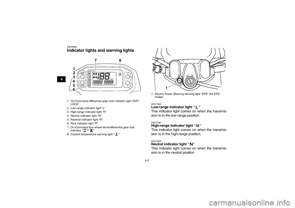 YAMAHA GRIZZLY 450 2013  Owners Manual 4-2
4
EBU26695Indicator lights and warning lights 
EBU17990Low-range indicator light “ ” 
This indicator light comes on when the transmis-
sion is in the low-range position.EBU17980High-range indi