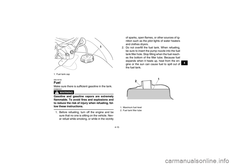 YAMAHA GRIZZLY 450 2013  Owners Manual 4-15
4
EBU18755Fuel Make sure there is sufficient gasoline in the tank.
WARNING
EWB02521Gasoline and gasoline vapors are extremely
flammable. To avoid fires and explosions and
to reduce the risk of in