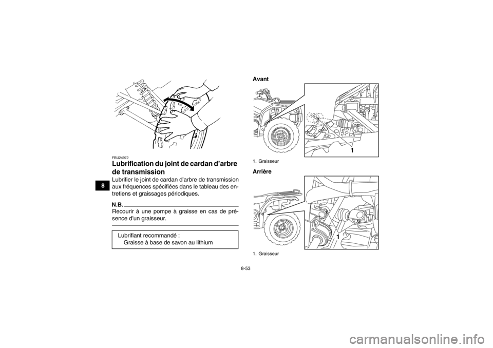YAMAHA GRIZZLY 450 2013  Notices Demploi (in French) 8-53
8
FBU24972Lubrification du joint de cardan d’arbre 
de transmission Lubrifier le joint de cardan d’arbre de transmission
aux fréquences spécifiées dans le tableau des en-
tretiens et grais