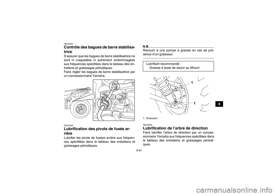 YAMAHA GRIZZLY 450 2013  Notices Demploi (in French) 8-54
8
FBU25022Contrôle des bagues de barre stabilisa-
trice S’assurer que les bagues de barre stabilisatrice ne
sont ni craquelées ni autrement endommagées
aux fréquences spécifiées dans le t