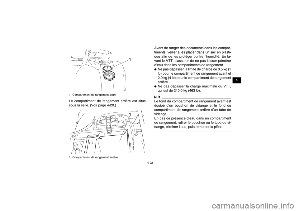 YAMAHA GRIZZLY 450 2013  Notices Demploi (in French) 4-22
4
Le compartiment de rangement arrière est situé
sous la selle. (Voir page 4-20.) Avant de ranger des documents dans les compar-
timents, veiller à les placer dans un sac en plasti-
que afin d