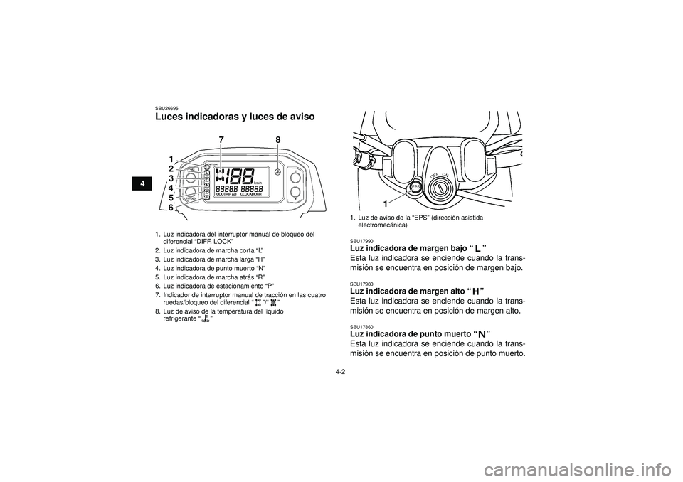 YAMAHA GRIZZLY 450 2012  Manuale de Empleo (in Spanish) 4-2
4
SBU26695Luces indicadoras y luces de aviso 
SBU17990Luz indicadora de margen bajo“” 
Esta luz indicadora se enciende cuando la trans-
misi ón se encuentra en posici ón de margen bajo.SBU17