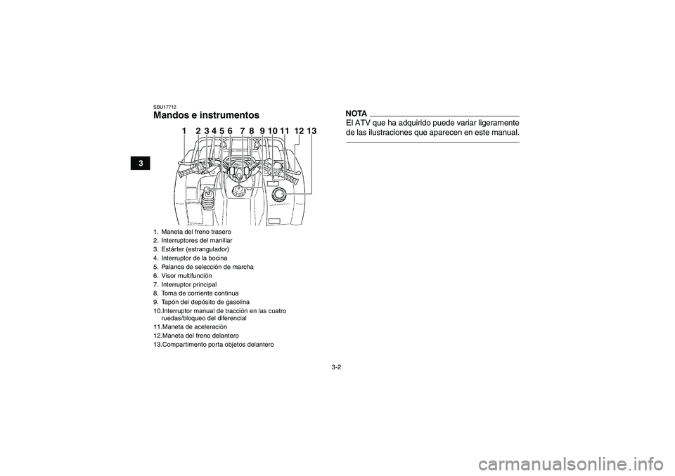 YAMAHA GRIZZLY 450 2011  Manuale de Empleo (in Spanish) 3-2
3
SBU17712Mandos e instrumentos
NOTAEl ATV que ha adquirido puede variar ligeramente
de las ilustraciones que aparecen en este manual.
1. Maneta del freno trasero
2. Interruptores del manillar
3. 
