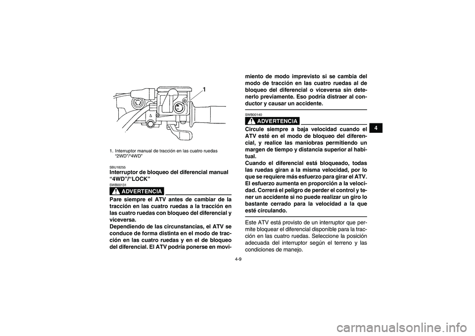 YAMAHA GRIZZLY 450 2011 Manuale de Empleo (in Spanish) 4-9
4
SBU18255Interruptor de bloqueo del diferencial manual
“4WD”/“LOCK”
ADVERTENCIA
SWB00131Pare siempre el ATV antes de cambiar de la
tracción en las cuatro ruedas a la tracción en
las c YAMAHA GRIZZLY 450 2011 Manuale de Empleo (in Spanish) 4-9
4
SBU18255Interruptor de bloqueo del diferencial manual
“4WD”/“LOCK”
ADVERTENCIA
SWB00131Pare siempre el ATV antes de cambiar de la
tracción en las cuatro ruedas a la tracción en
las c
