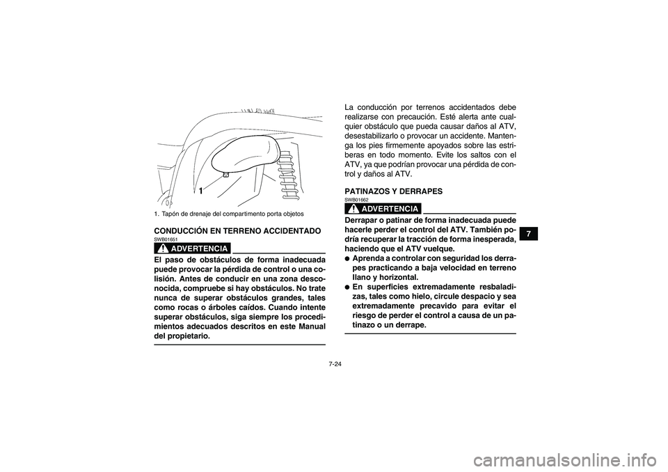 YAMAHA GRIZZLY 450 2011 Manuale de Empleo (in Spanish) 7-24
7 CONDUCCIÓN EN TERRENO ACCIDENTADO
ADVERTENCIA
SWB01651El paso de obstáculos de forma inadecuada
puede provocar la pérdida de control o una co-
lisión. Antes de conducir en una zona desco-
n YAMAHA GRIZZLY 450 2011 Manuale de Empleo (in Spanish) 7-24
7 CONDUCCIÓN EN TERRENO ACCIDENTADO
ADVERTENCIA
SWB01651El paso de obstáculos de forma inadecuada
puede provocar la pérdida de control o una co-
lisión. Antes de conducir en una zona desco-
n