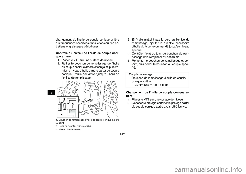 YAMAHA GRIZZLY 450 2011  Notices Demploi (in French) 8-22
8changement de l’huile de couple conique arrière
aux fréquences spécifiées dans le tableau des en-
tretiens et graissages périodiques.
Contrôle du niveau de l’huile de couple coni-
que 