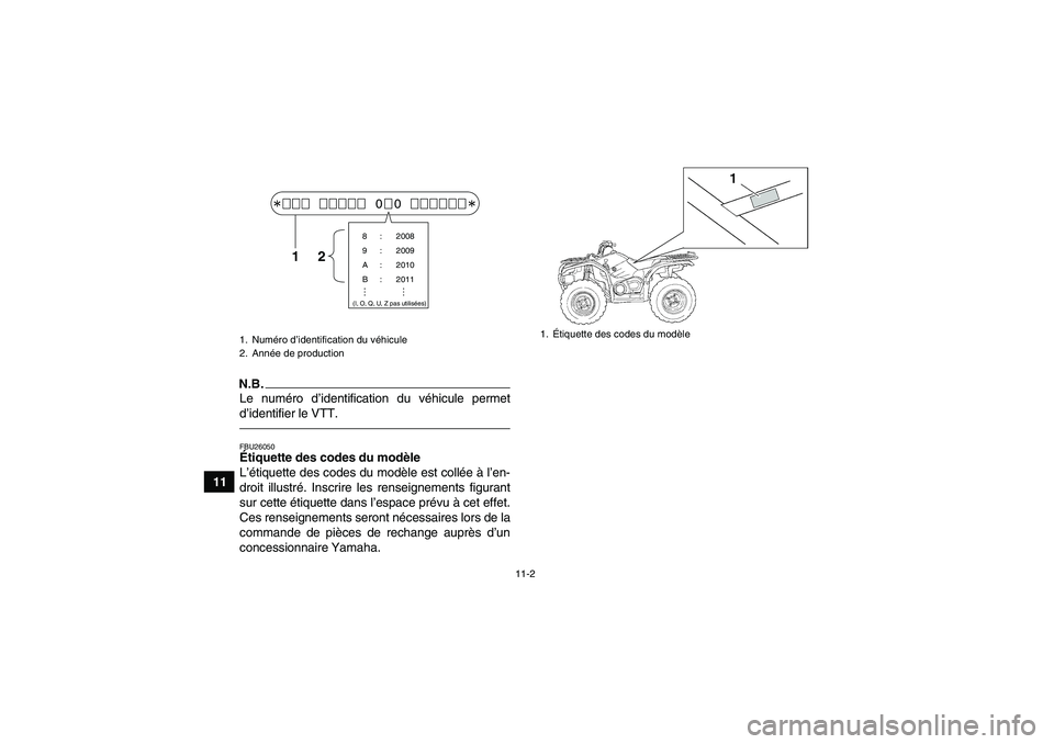 YAMAHA GRIZZLY 450 2011  Notices Demploi (in French) 11-2
11
N.B.Le numéro d’identification du véhicule permet
d’identifier le VTT.FBU26050Étiquette des codes du modèle 
L’étiquette des codes du modèle est collée à l’en-
droit illustré.