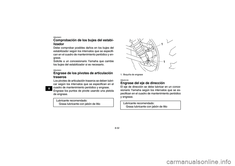YAMAHA GRIZZLY 450 2010  Manuale de Empleo (in Spanish) 8-52
8
SBU25021Comprobación de los bujes del estabi-
lizador Debe comprobar posibles daños en los bujes del
estabilizador según los intervalos que se especifi-
can en el cuadro de mantenimiento per
