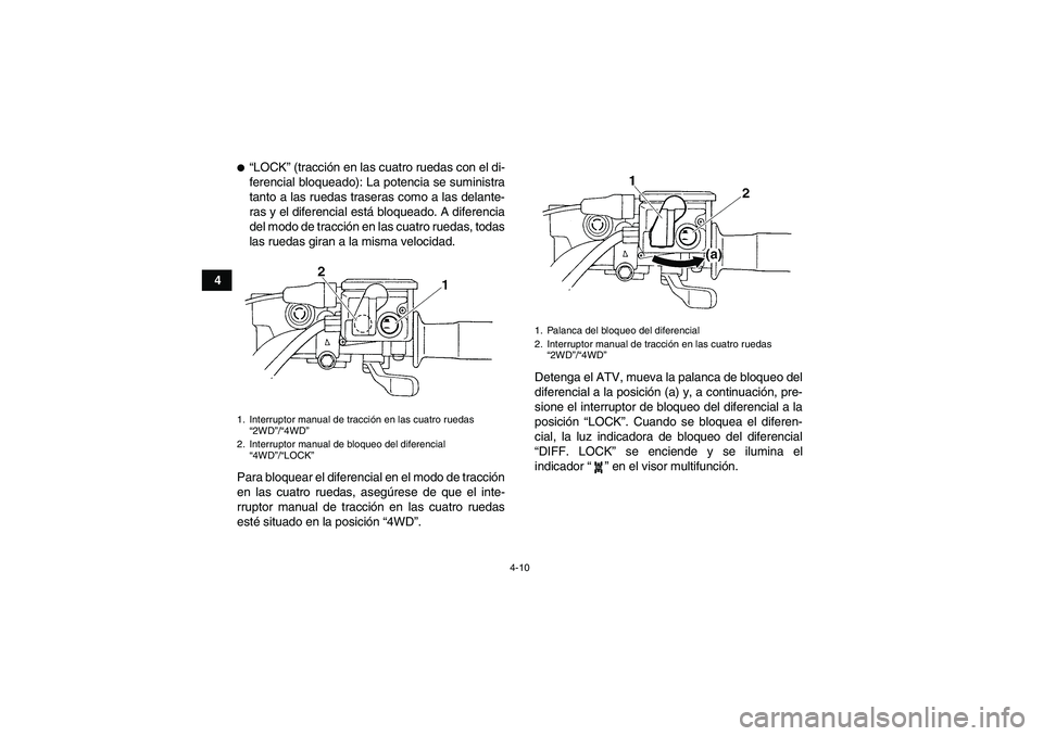YAMAHA GRIZZLY 450 2009 Manuale de Empleo (in Spanish) 4-10
4
“LOCK” (tracción en las cuatro ruedas con el di-
ferencial bloqueado): La potencia se suministra
tanto a las ruedas traseras como a las delante-
ras y el diferencial está bloqueado. A di YAMAHA GRIZZLY 450 2009 Manuale de Empleo (in Spanish) 4-10
4
“LOCK” (tracción en las cuatro ruedas con el di-
ferencial bloqueado): La potencia se suministra
tanto a las ruedas traseras como a las delante-
ras y el diferencial está bloqueado. A di