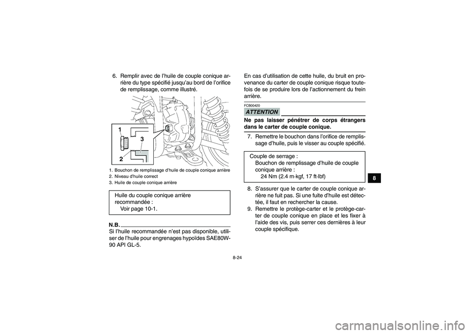 YAMAHA GRIZZLY 450 2009 Notices Demploi (in French) 8-24
8 6. Remplir avec de l’huile de couple conique ar-
rière du type spécifié jusqu’au bord de l’orifice
de remplissage, comme illustré.
N.B.Si l’huile recommandée n’est pas disponible YAMAHA GRIZZLY 450 2009 Notices Demploi (in French) 8-24
8 6. Remplir avec de l’huile de couple conique ar-
rière du type spécifié jusqu’au bord de l’orifice
de remplissage, comme illustré.
N.B.Si l’huile recommandée n’est pas disponible