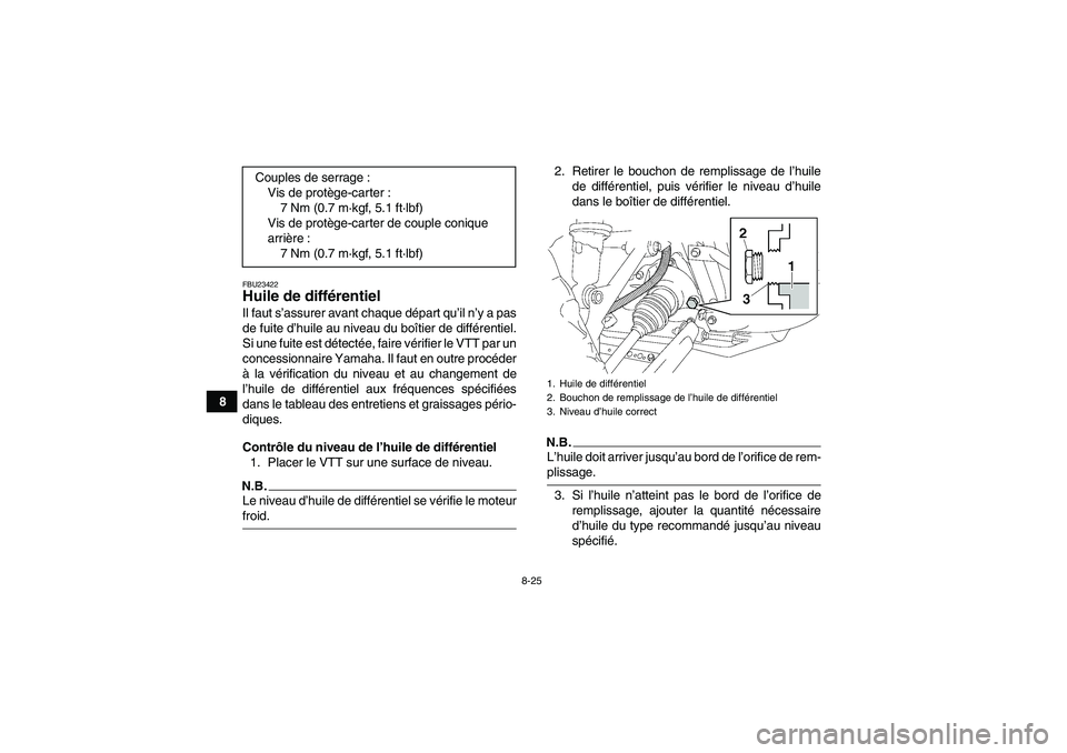 YAMAHA GRIZZLY 450 2009 Notices Demploi (in French) 8-25
8
FBU23422Huile de différentiel Il faut s’assurer avant chaque départ qu’il n’y a pas
de fuite d’huile au niveau du boîtier de différentiel.
Si une fuite est détectée, faire vérifi YAMAHA GRIZZLY 450 2009 Notices Demploi (in French) 8-25
8
FBU23422Huile de différentiel Il faut s’assurer avant chaque départ qu’il n’y a pas
de fuite d’huile au niveau du boîtier de différentiel.
Si une fuite est détectée, faire vérifi