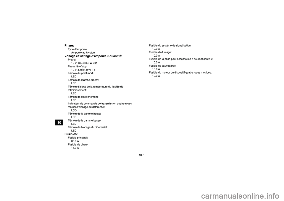 YAMAHA GRIZZLY 450 2009  Notices Demploi (in French) 10-5
10
Phare:Type d’ampoule:
Ampoule au kryptonVoltage et wattage d’ampoule × quantité:Phare:
12 V, 30.0/30.0 W × 2
Feu arrière/stop:
12 V, 5.0/21.0 W × 1
Témoin du point mort:
LED
Témoin 