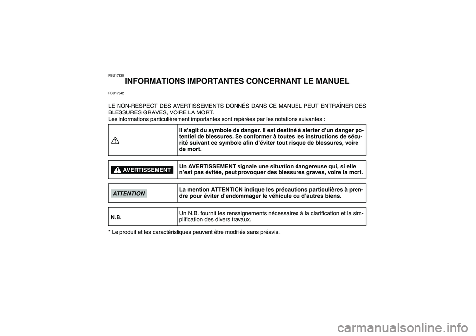 YAMAHA GRIZZLY 450 2009 Notices Demploi (in French) FBU17330
INFORMATIONS IMPORTANTES CONCERNANT LE MANUEL
FBU17342LE NON-RESPECT DES AVERTISSEMENTS DONNÉS DANS CE MANUEL PEUT ENTRAÎNER DES
BLESSURES GRAVES, VOIRE LA MORT.
Les informations particuli YAMAHA GRIZZLY 450 2009 Notices Demploi (in French) FBU17330
INFORMATIONS IMPORTANTES CONCERNANT LE MANUEL
FBU17342LE NON-RESPECT DES AVERTISSEMENTS DONNÉS DANS CE MANUEL PEUT ENTRAÎNER DES
BLESSURES GRAVES, VOIRE LA MORT.
Les informations particuli
