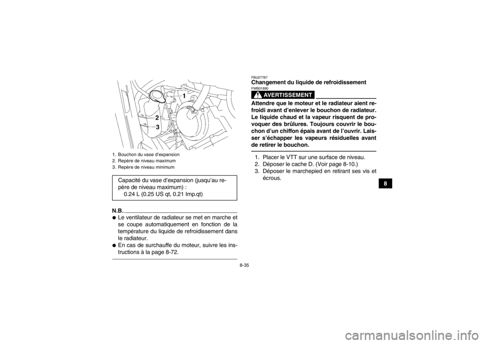 YAMAHA GRIZZLY 550 2013 Notices Demploi (in French) 8-35
8
N.B.●Le ventilateur de radiateur se met en marche et
se coupe automatiquement en fonction de la
température du liquide de refroidissement dans
le radiateur.●En cas de surchauffe du moteur, YAMAHA GRIZZLY 550 2013 Notices Demploi (in French) 8-35
8
N.B.●Le ventilateur de radiateur se met en marche et
se coupe automatiquement en fonction de la
température du liquide de refroidissement dans
le radiateur.●En cas de surchauffe du moteur,