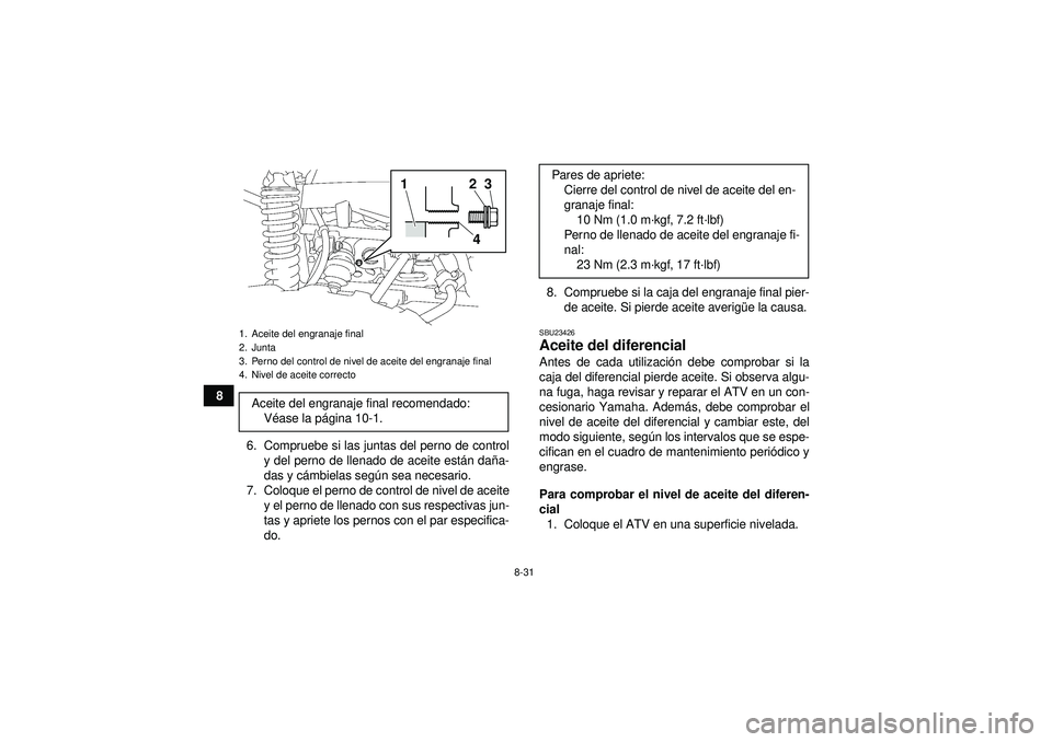 YAMAHA GRIZZLY 550 2012  Manuale de Empleo (in Spanish) 8-31
86. Compruebe si las juntas del perno de controly del perno de llenado de aceite est án dañ a-
das y c ámbielas seg ún sea necesario.
7. Coloque el perno de control de nivel de aceite y el pe