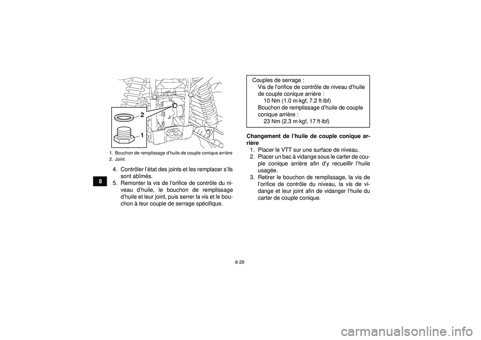 YAMAHA GRIZZLY 550 2012  Notices Demploi (in French) 8-29
84. Contr
ôler l ’état des joints et les remplacer s ’ils
sont ab îm és.
5. Remonter la vis de l ’orifice de contr ôle du ni-
veau d ’huile, le bouchon de remplissage
d ’huile et l